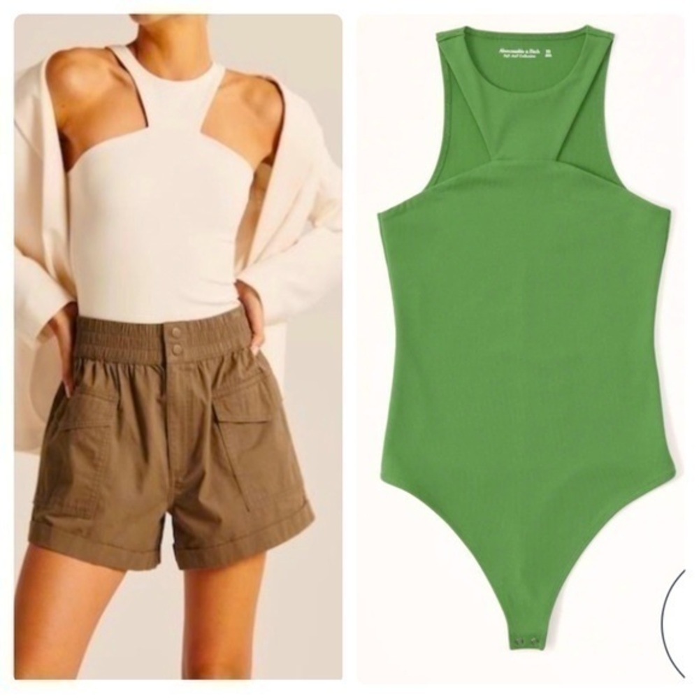 Abercrombie & Fitch Seamless Fabric Asymmetrical High Neck Bodysuit in Green